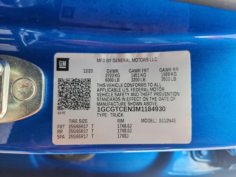 Aukcja sprzedaży 2021 Chevrolet Colorado, vin: 1GCGTCEN3M1184930, numer aukcji: 56169196