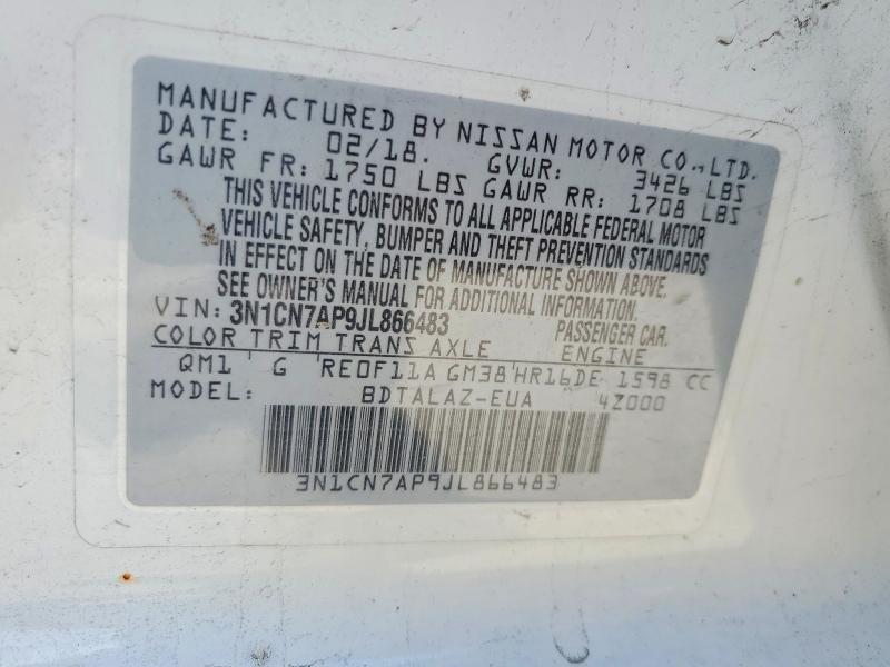 2018 Nissan Versa მანქანა იყიდება აუქციონზე, vin: 3N1CN7AP9JL866483, აუქციონის ნომერი: 56029486