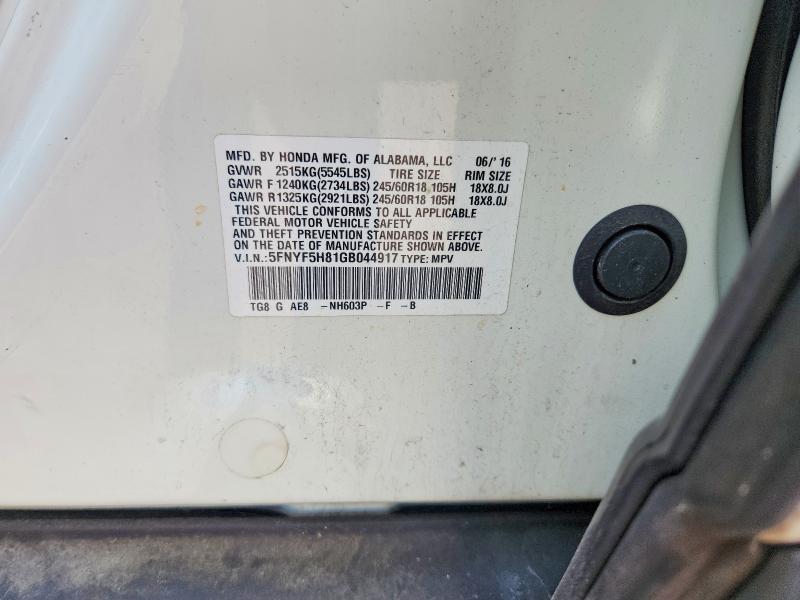 2016 Honda Pilot მანქანა იყიდება აუქციონზე, vin: 5FNYF5H81GB044917, აუქციონის ნომერი: 58993596