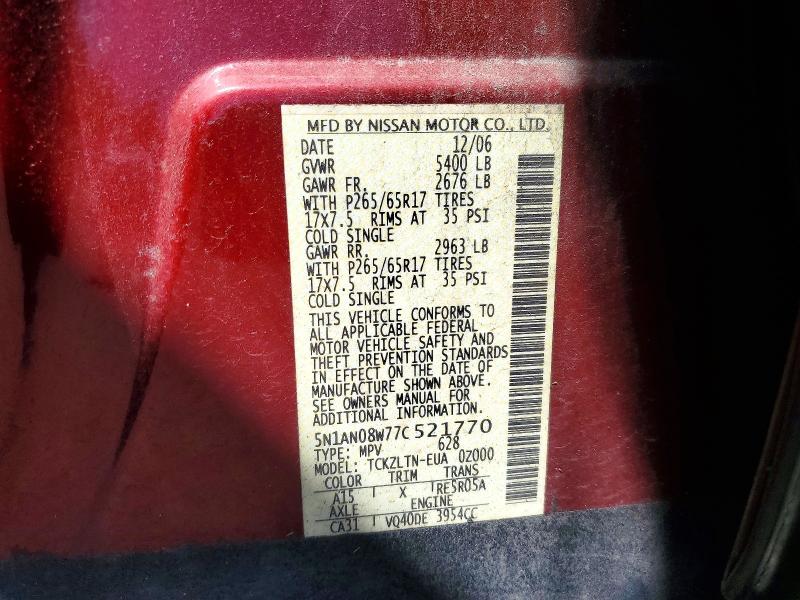 57352766 :رقم المزاد ، 5N1AN08W77C521770 vin ، 2007 Nissan Xterra مزاد بيع