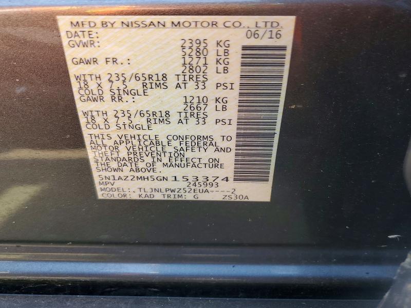 2016 Nissan Murano მანქანა იყიდება აუქციონზე, vin: 5N1AZ2MH5GN153374, აუქციონის ნომერი: 57029996