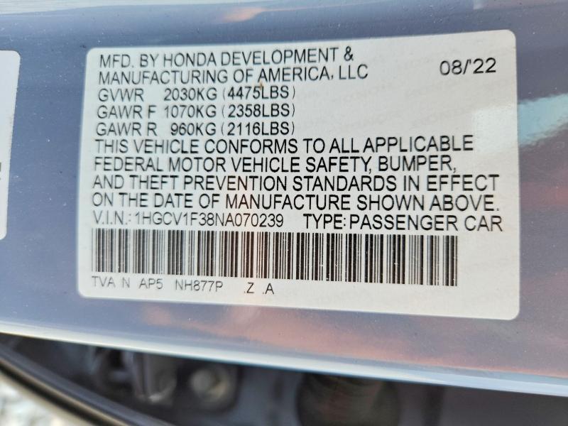 2022 Honda Accord მანქანა იყიდება აუქციონზე, vin: 1HGCV1F38NA070239, აუქციონის ნომერი: 59058686