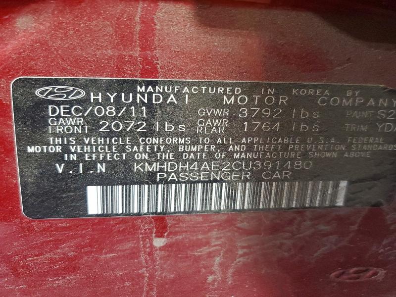 2012 Hyundai Elantra მანქანა იყიდება აუქციონზე, vin: KMHDH4AE2CU391480, აუქციონის ნომერი: 56890866