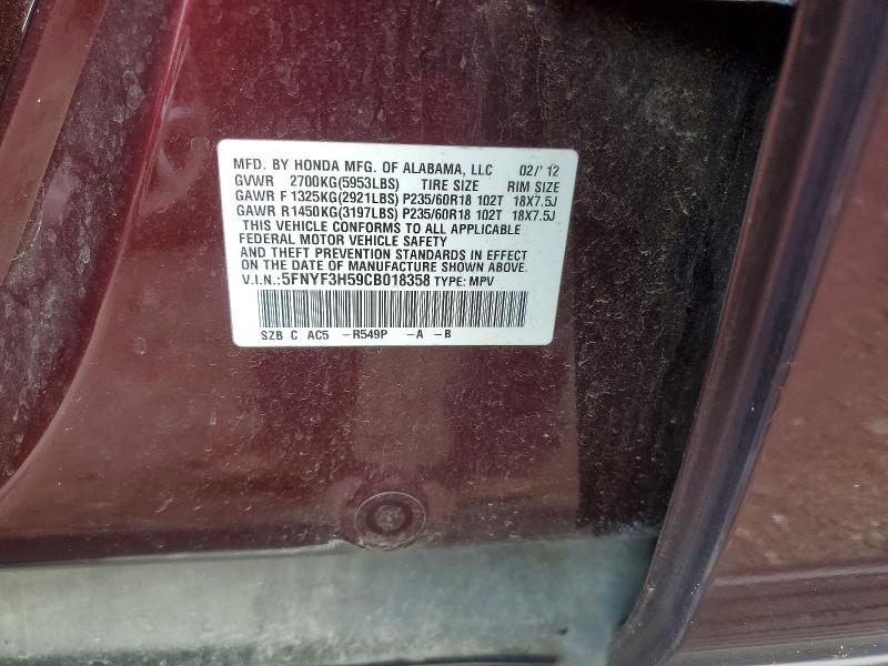 2012 Honda Pilot მანქანა იყიდება აუქციონზე, vin: 5FNYF3H59CB018358, აუქციონის ნომერი: 57826936