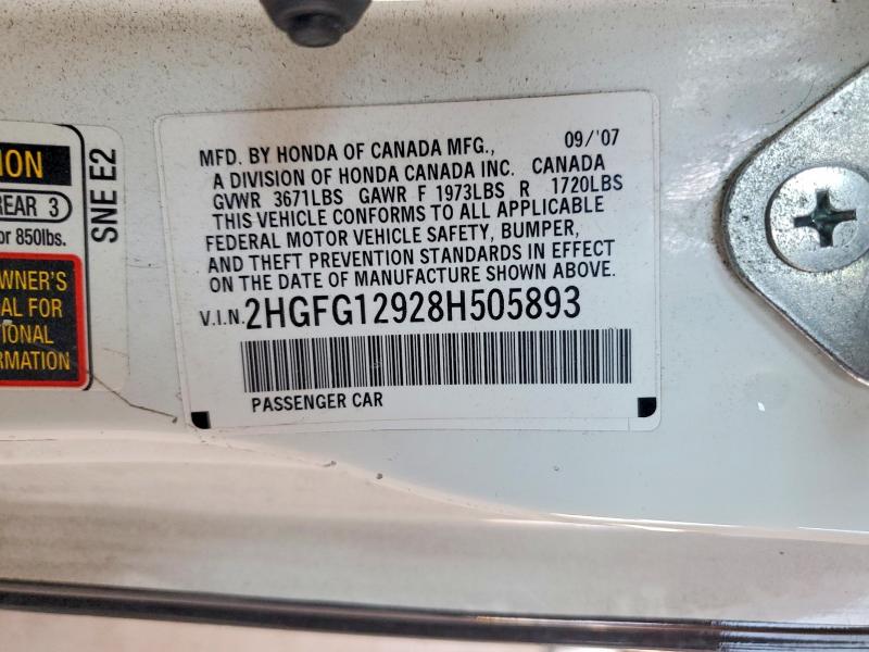 54142796 :رقم المزاد ، 2HGFG12928H505893 vin ، 2008 Honda Civic مزاد بيع
