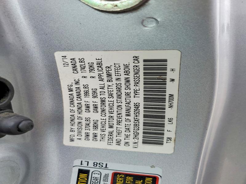 Продаж на аукціоні авто 2015 Honda Civic, vin: 2HGFG3B5XFH509485, номер лоту: 57440366