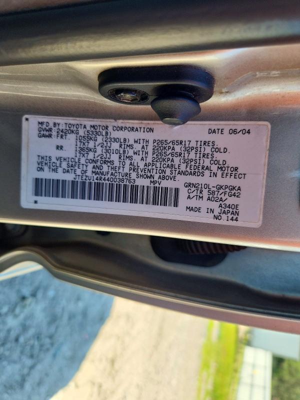 Aukcja sprzedaży 2004 Toyota 4runner, vin: JTEZU14R440038763, numer aukcji: 57712286