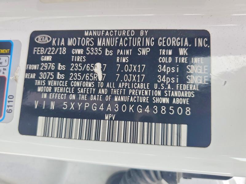 Продаж на аукціоні авто 2019 Kia Sorento, vin: 5XYPG4A30KG438508, номер лоту: 56512146