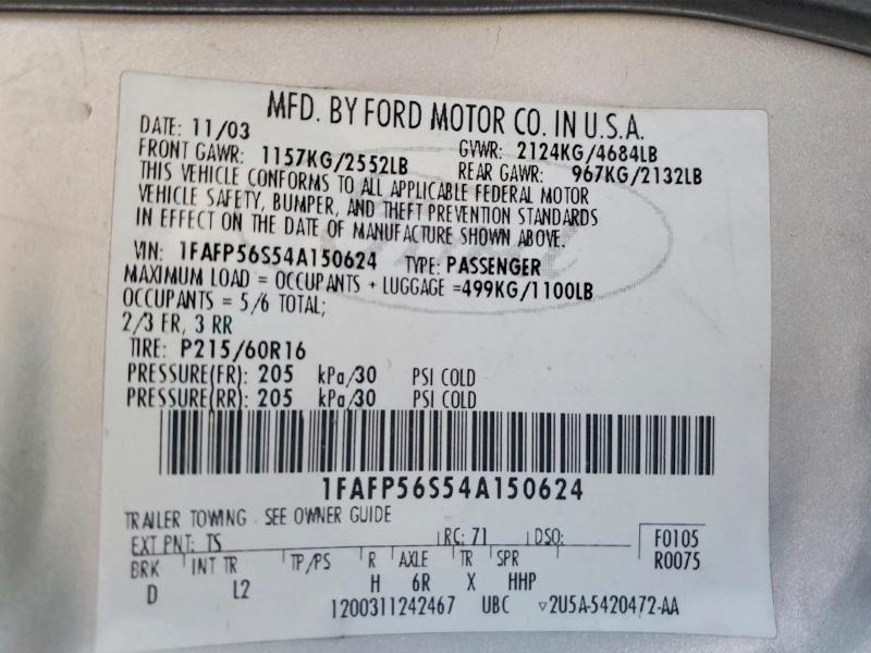 Продаж на аукціоні авто 2004 Ford Taurus, vin: 1FAFP56S54A150624, номер лоту: 58142116