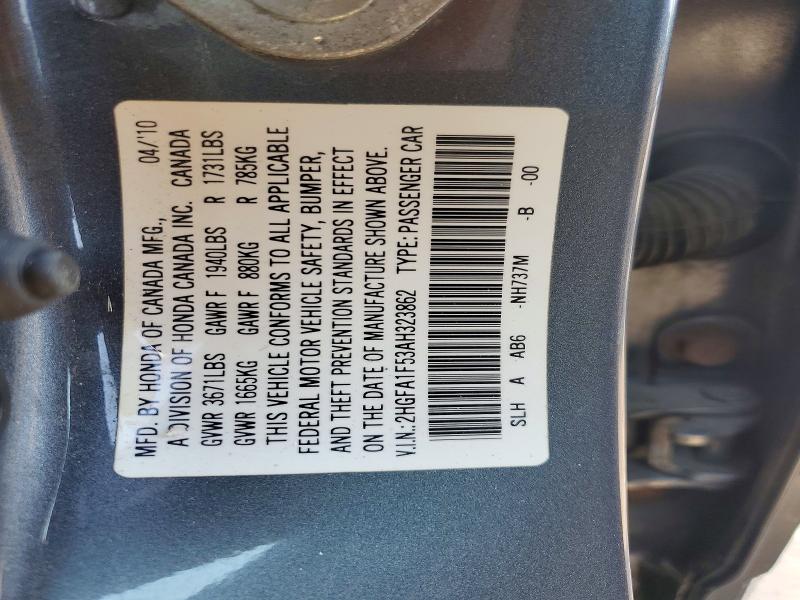 Продажа на аукционе авто 2010 Honda Civic, vin: 2HGFA1F53AH323862, номер лота: 58783306