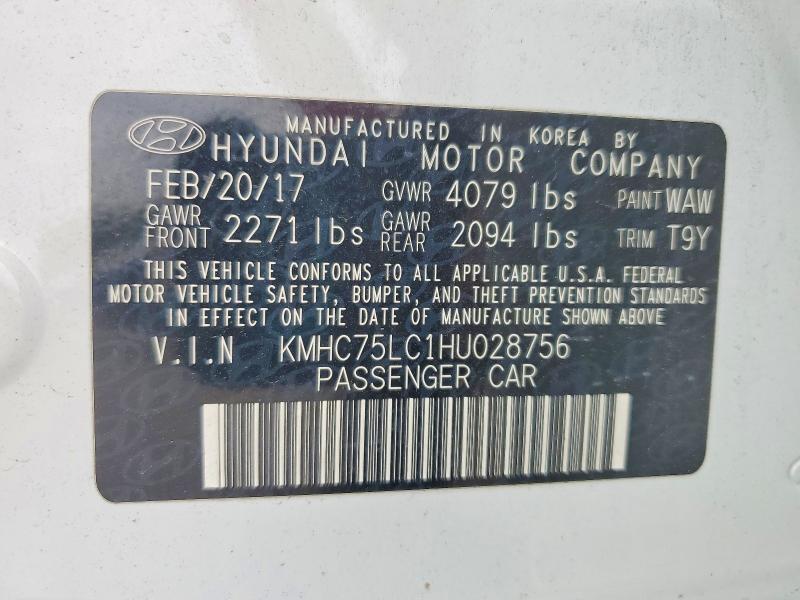 2017 Hyundai Ioniq მანქანა იყიდება აუქციონზე, vin: KMHC75LC1HU028756, აუქციონის ნომერი: 56516166