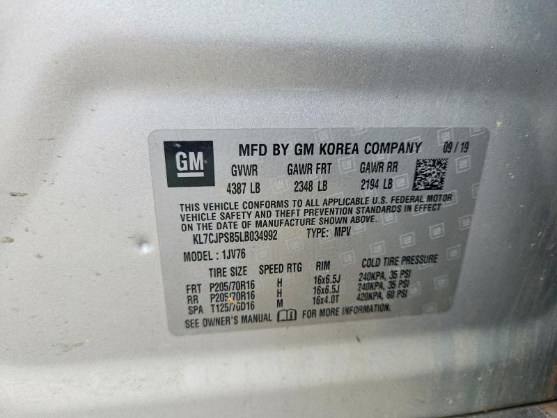 Aukcja sprzedaży 2020 Chevrolet Trax, vin: KL7CJPSB5LB034992, numer aukcji: 57674656