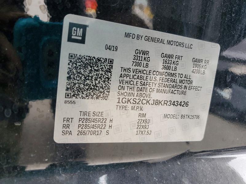 57087986 :رقم المزاد ، 1GKS2CKJ8KR343426 vin ، 2019 Gmc Yukon مزاد بيع