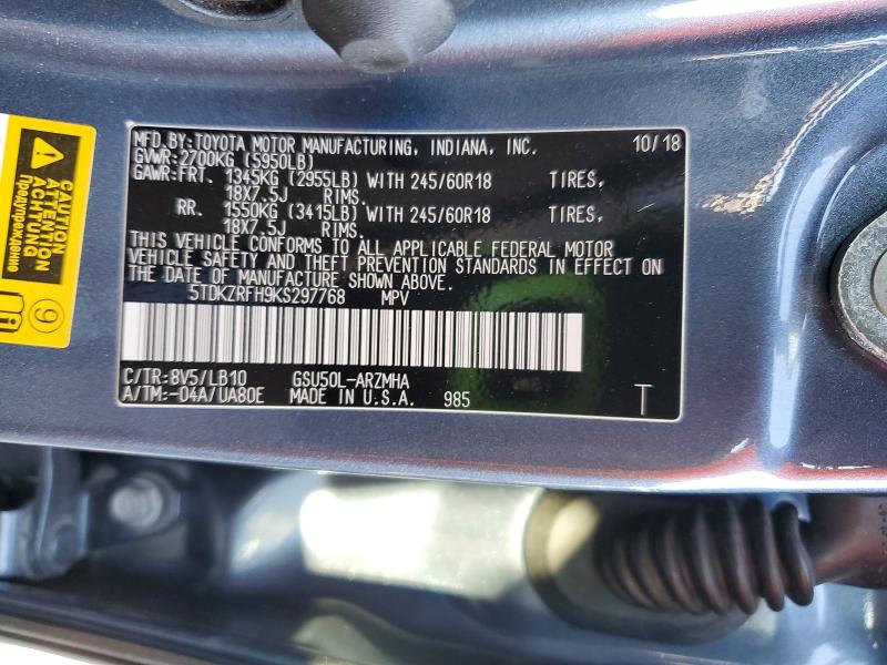 57438506 :رقم المزاد ، 5TDKZRFH9KS297768 vin ، 2019 Toyota Highlander مزاد بيع