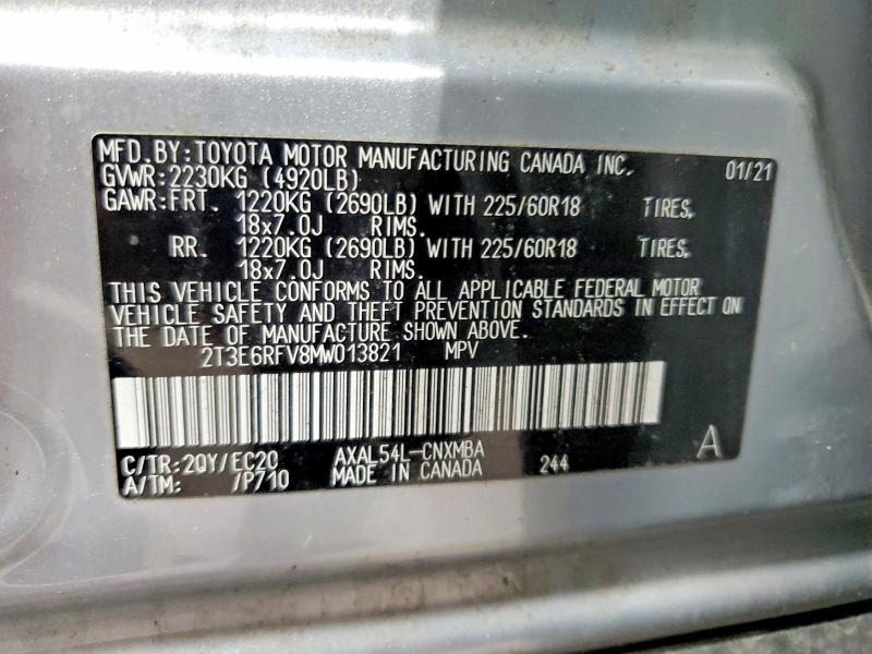 56605766 :رقم المزاد ، 2T3E6RFV8MW013821 vin ، 2021 Toyota Rav4 مزاد بيع