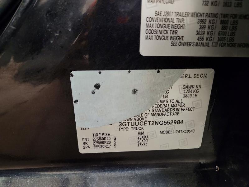 2022 Gmc Sierra მანქანა იყიდება აუქციონზე, vin: 3GTUUCET2NG552984, აუქციონის ნომერი: 57568196