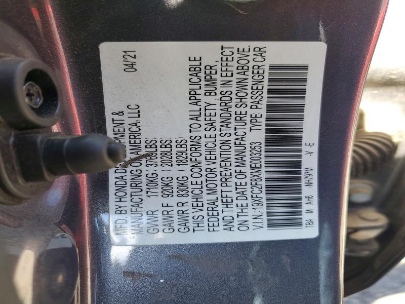 2021 Honda Civic მანქანა იყიდება აუქციონზე, vin: 19XFC2F8XME003253, აუქციონის ნომერი: 58410806