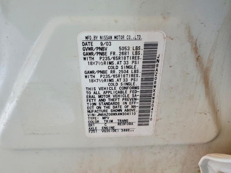 Продажа на аукционе авто 2004 Nissan Murano, vin: JN8AZ08WX4W304110, номер лота: 85792615