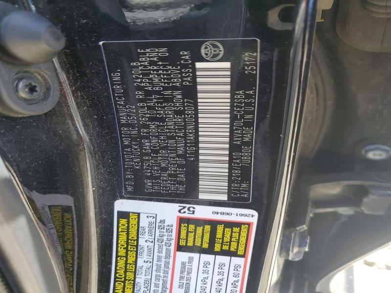 Aukcja sprzedaży 2022 Toyota Camry, vin: 4T1G11AK8NU058077, numer aukcji: 57407176