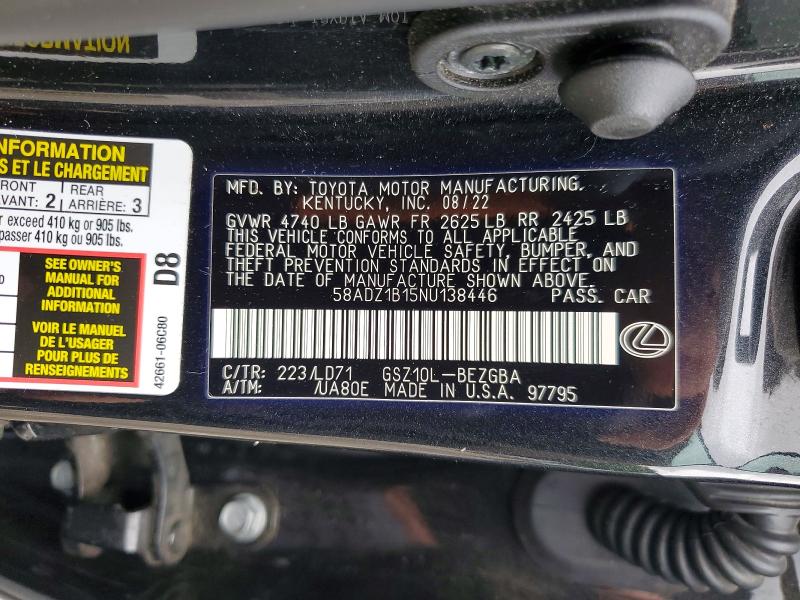 Продажа на аукционе авто 2022 Lexus Es 350, vin: 58ADZ1B15NU138446, номер лота: 57529126