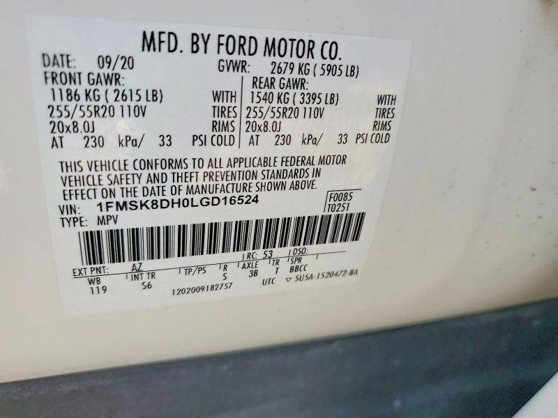2020 Ford Explorer მანქანა იყიდება აუქციონზე, vin: 1FMSK8DH0LGD16524, აუქციონის ნომერი: 56151146
