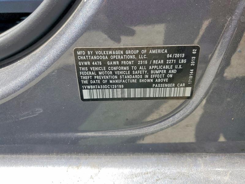 56440356 :رقم المزاد ، 1VWBH7A33DC129189 vin ، 2013 Volkswagen Passat مزاد بيع