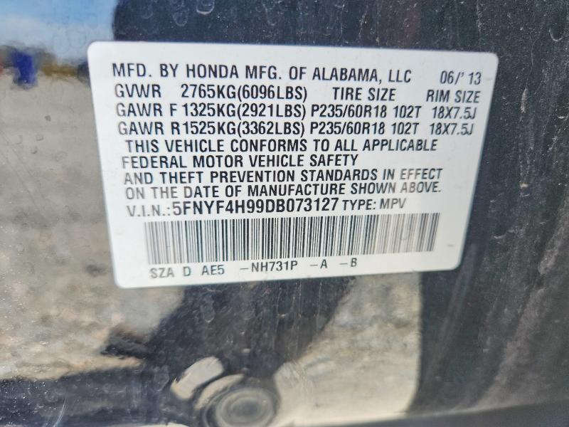 56169306 :رقم المزاد ، 5FNYF4H99DB073127 vin ، 2013 Honda Pilot مزاد بيع