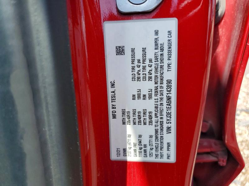 Aukcja sprzedaży 2022 Tesla Model 3, vin: 5YJ3E1EA6NF143890, numer aukcji: 55720006