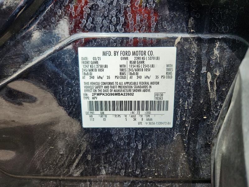 Aukcja sprzedaży 2021 Ford Edge, vin: 2FMPK3G96MBA22602, numer aukcji: 58081046
