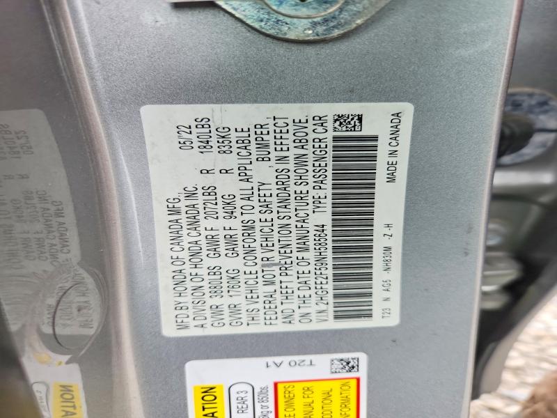 Aukcja sprzedaży 2022 Honda Civic, vin: 2HGFE2F59NH585644, numer aukcji: 58248376