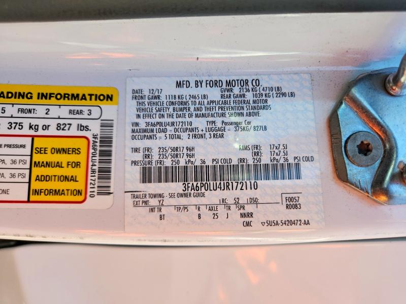 2018 Ford Fusion მანქანა იყიდება აუქციონზე, vin: 3FA6P0LU4JR172110, აუქციონის ნომერი: 58469146