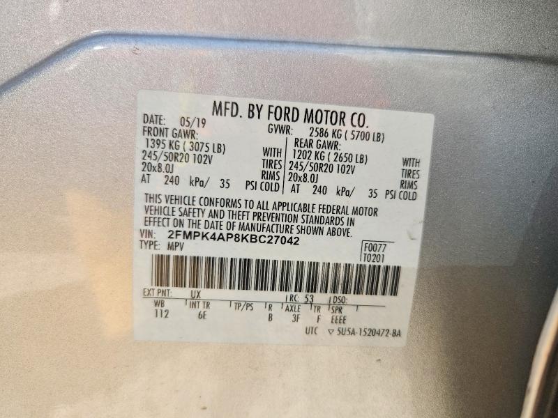 55857466 :رقم المزاد ، 2FMPK4AP8KBC27042 vin ، 2019 Ford Edge مزاد بيع