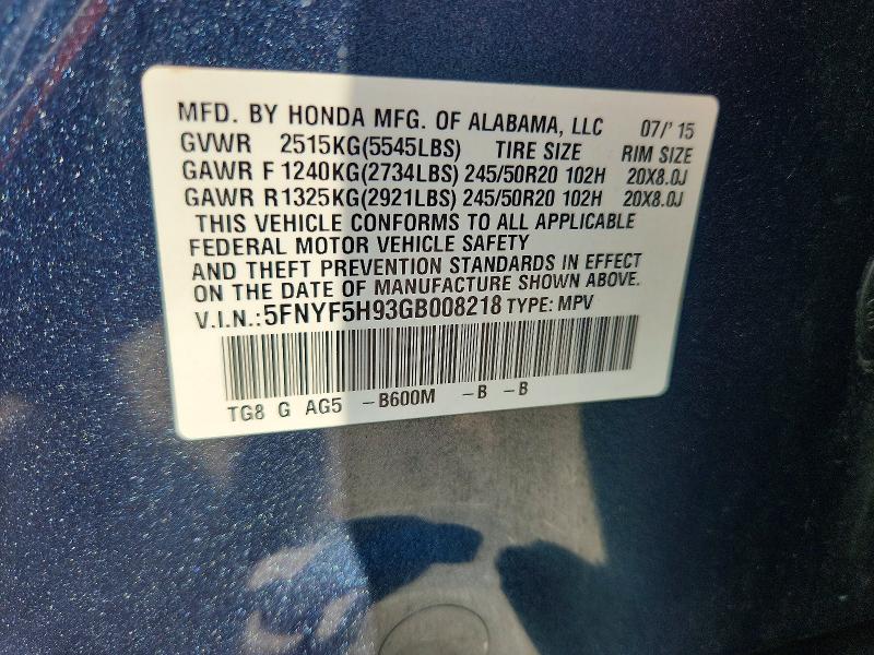 Продажа на аукционе авто 2016 Honda Pilot, vin: 5FNYF5H93GB008218, номер лота: 58161856