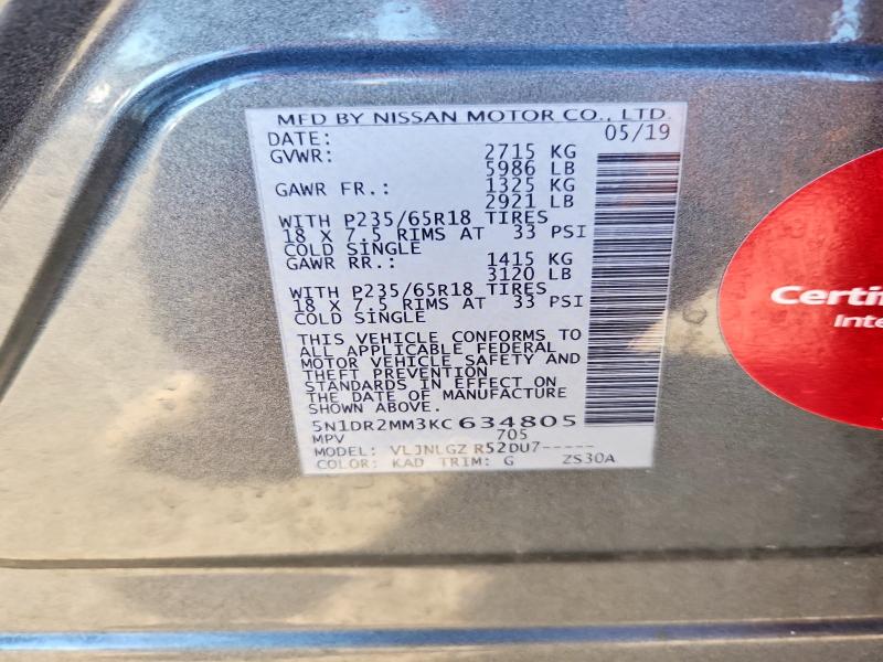 57937016 :رقم المزاد ، 5N1DR2MM3KC634805 vin ، 2019 Nissan Pathfinder مزاد بيع
