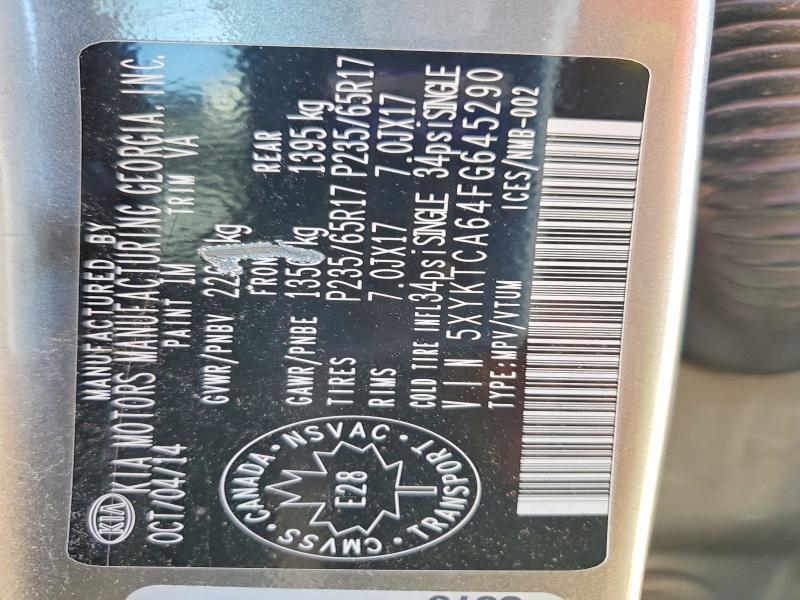 58837776 :رقم المزاد ، 5XYKTCA64FG645290 vin ، 2015 Kia Sorento مزاد بيع