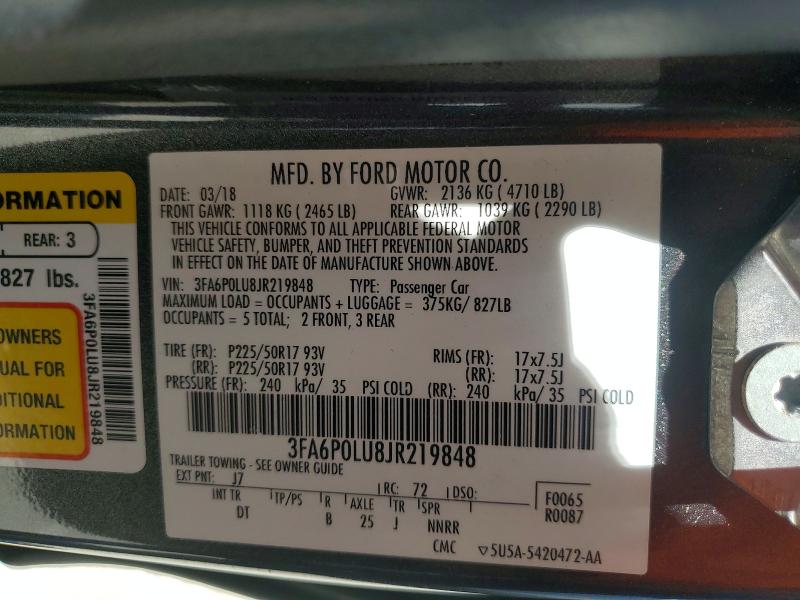 Aukcja sprzedaży 2018 Ford Fusion, vin: 3FA6P0LU8JR219848, numer aukcji: 56450356