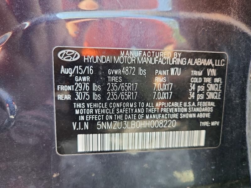2017 Hyundai Santa Fe Sport მანქანა იყიდება აუქციონზე, vin: 5NMZU3LB0HH008220, აუქციონის ნომერი: 59173016