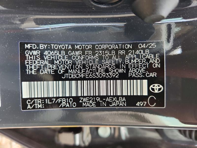 2025 Toyota Corolla Hybrid მანქანა იყიდება აუქციონზე, vin: JTDBCMFE6S3093392, აუქციონის ნომერი: 58800626