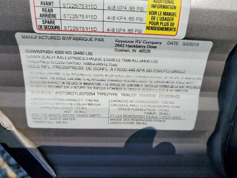 Aukcja sprzedaży 2020 Keystone Zinger, vin: 4YDT28021LS370354, numer aukcji: 55500546