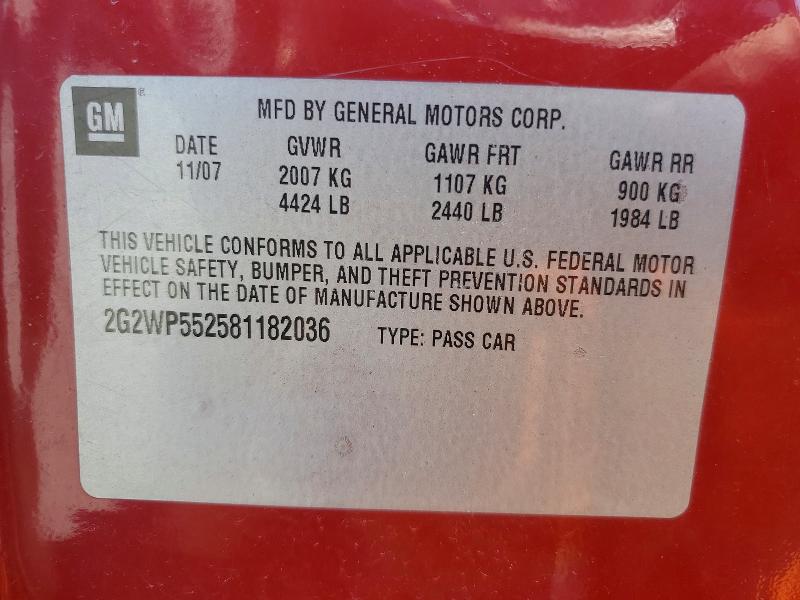 Продаж на аукціоні авто 2008 Pontiac Grand Prix, vin: 2G2WP552581182036, номер лоту: 56123476