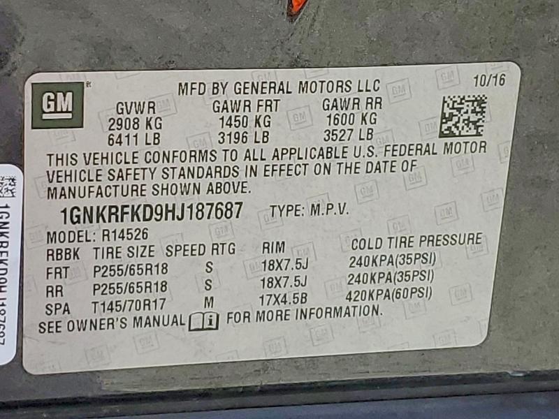 Продаж на аукціоні авто 2017 Chevrolet Traverse, vin: 1GNKRFKD9HJ187687, номер лоту: 56190416