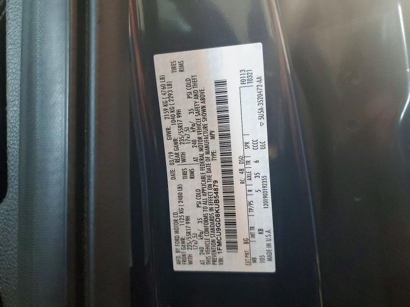 2019 Ford Escape მანქანა იყიდება აუქციონზე, vin: 1FMCU9GD8KUB54879, აუქციონის ნომერი: 56494296