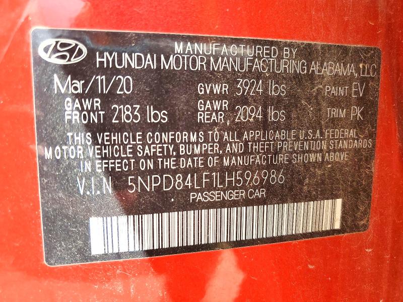 2020 Hyundai Elantra მანქანა იყიდება აუქციონზე, vin: 5NPD84LF1LH596986, აუქციონის ნომერი: 56981096