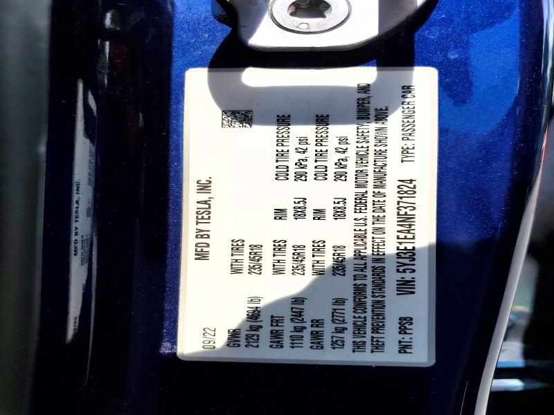 58896796 :رقم المزاد ، 5YJ3E1EA4NF371824 vin ، 2022 Tesla Model 3 مزاد بيع