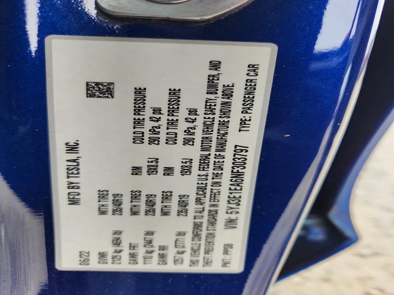 58634656 :رقم المزاد ، 5YJ3E1EA6NF303797 vin ، 2022 Tesla Model 3 مزاد بيع