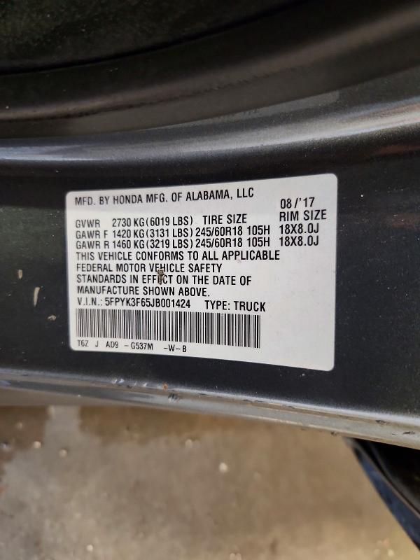 2018 Honda Ridgeline მანქანა იყიდება აუქციონზე, vin: 5FPYK3F65JB001424, აუქციონის ნომერი: 58421626