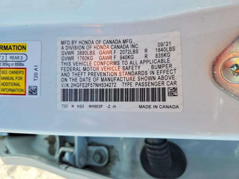 Продаж на аукціоні авто 2022 Honda Civic, vin: 2HGFE2F57NH534272, номер лоту: 58328206