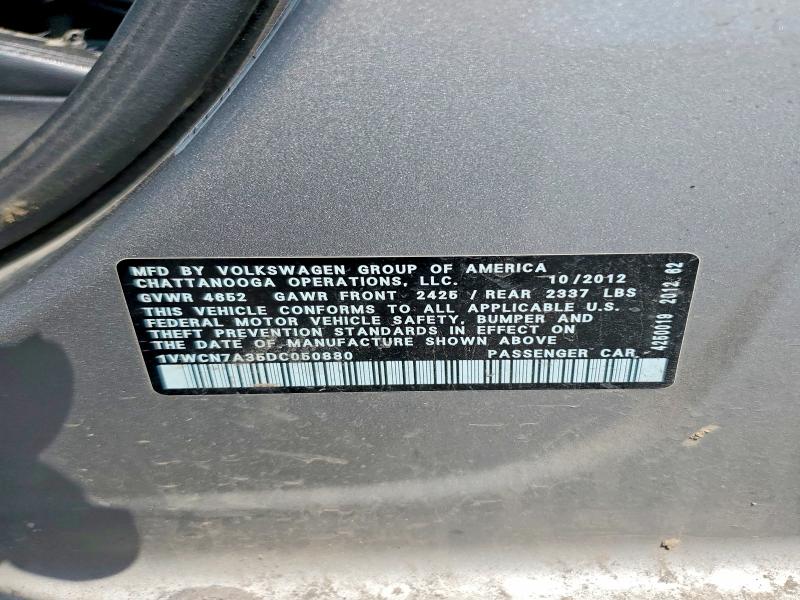 Продаж на аукціоні авто 2013 Volkswagen Passat, vin: 1VWCN7A35DC050880, номер лоту: 85622555