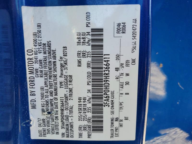 Auction sale of the 2017 Ford Fusion, vin: 3FA6P0HD9HR366411, lot number: 58791326