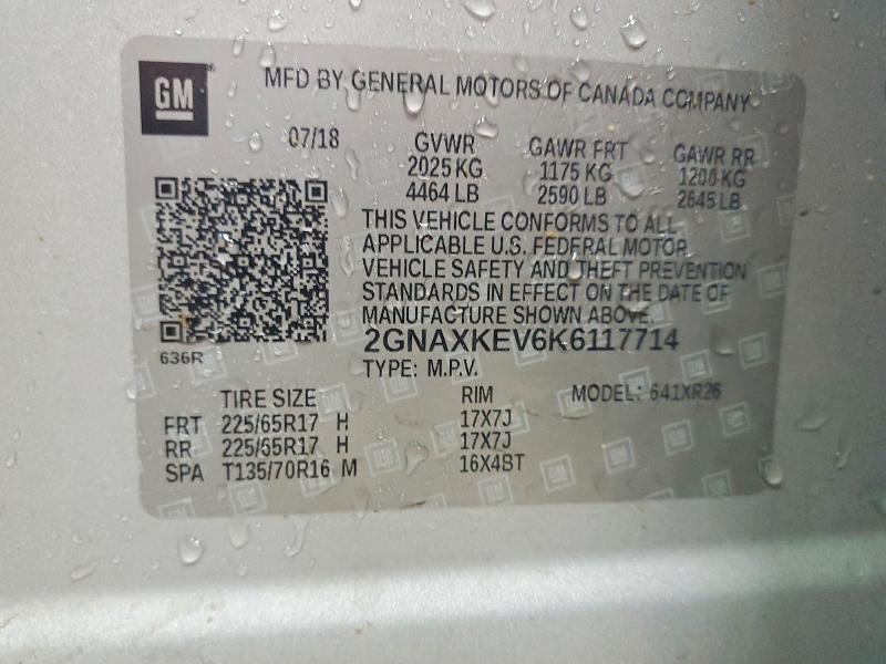 Aukcja sprzedaży 2019 Chevrolet Equinox, vin: 2GNAXKEV6K6117714, numer aukcji: 56755396